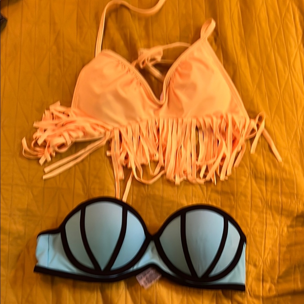 Fringe Bikini Top and Blue Strapless Bikini Top